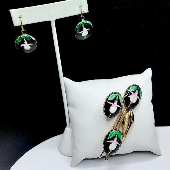 🌺Vintage Gold Porcelain Earrings & Brooch - Picture 12 of 13